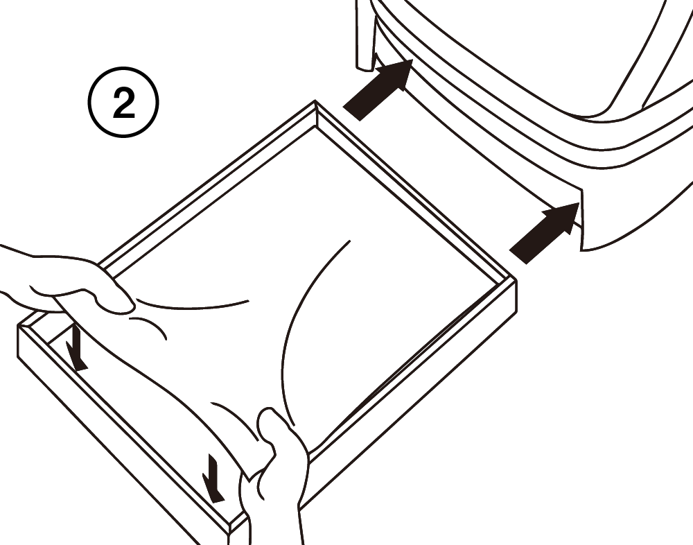 新しいシートをズレ防止ガードの中に吸収体部分がおさまるように設置し、シートが折り曲がらないよう、引き出しを元に戻します。